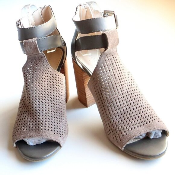 Marc Fisher Taupe Laser-cut Suede Leather Peep Toe Block Heel Ankle Strap Sandal - Picture 5 of 16
